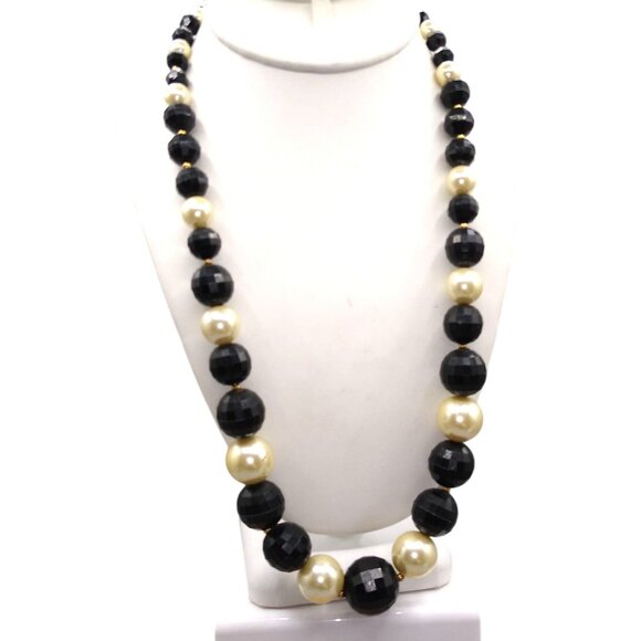 Black and White Beaded Graduated Necklace, Faceted Black Plastic Beads and Faux - Picture 1 of 4